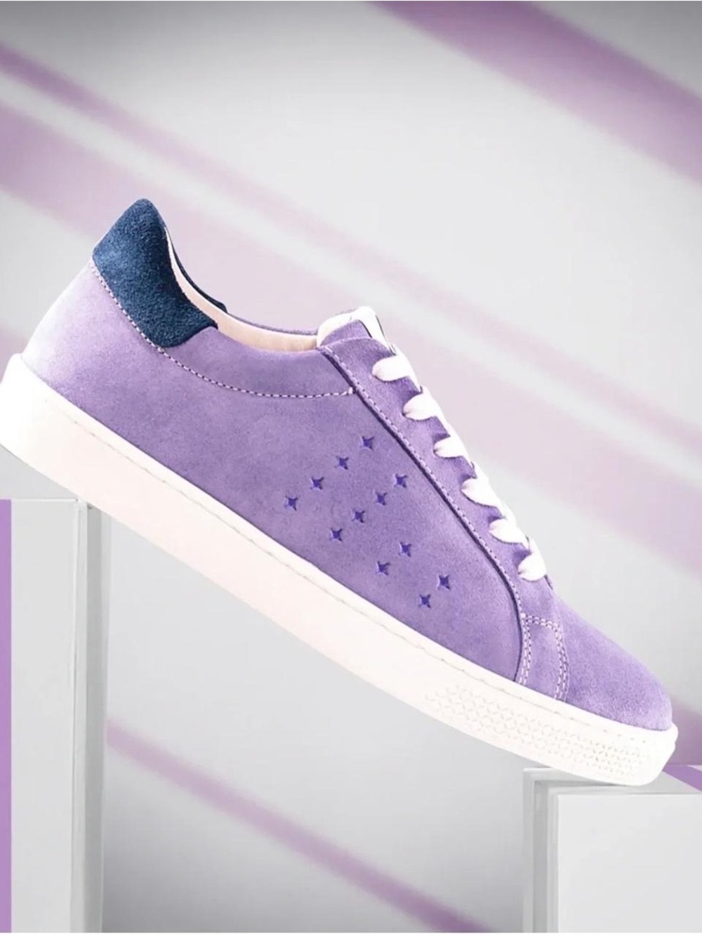 Lavender Suede Low-Top Sneaker with Navy Heel Accent